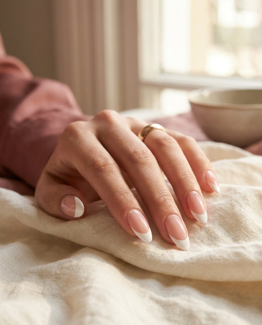 Klassieke Franse manicure met een frisse witte tip op een glanzende roze basis