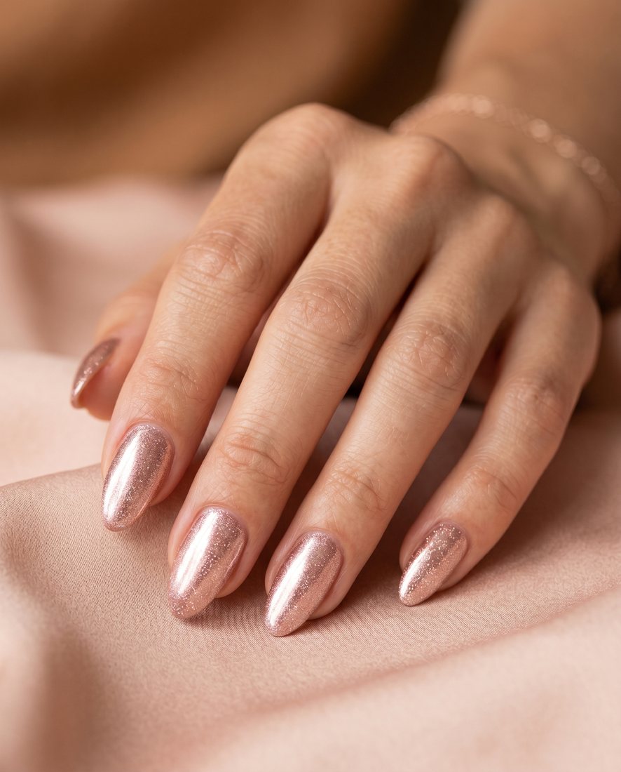Manicure met een subtiele rose-gold chrome en glitter finish
