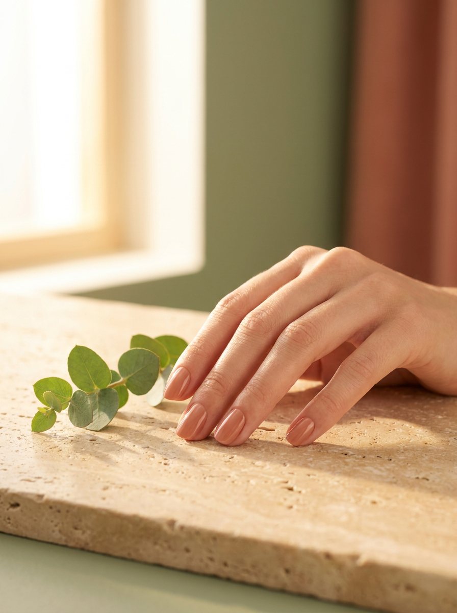 Een verzorgde hand met een glanzende nude-terracotta manicure, rustend op een warme stenen ondergrond met een takje eucalyptus